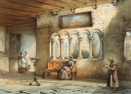 Cloister of the Basilica of Our Lady, Onze-Lieve-Vrouwebasiliek, in Tongeren, around 1860, Belgium,