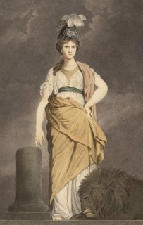 The virtues: bravery, strength. Allegorical female figure, a lion lying at her feet is a