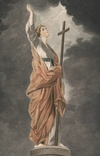 The virtues: Faith, female figure who looks up at the sky and stretches her hand upwards, holds a