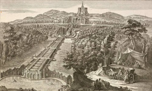 View of Karlsberg and the famous caves and waterfalls near Kassel, around 1850, Germany, authentic,
