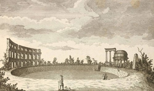 View of the basin and ruins on a hill opposite Sanssoucy, Sanssouci, around 1850, Germany,