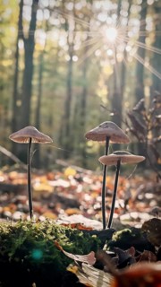 Close-up of mushrooms, Marasmius alliaceus (mycetinis alliaceus) in the forest with sun rays in the