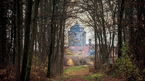 A path leads through a bare forest to a visible castle in the background, view of Rosenberg