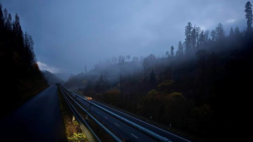 Foggy road at night, surrounded by dark trees, mystical atmosphere, Rennsteig, Upper Franconia