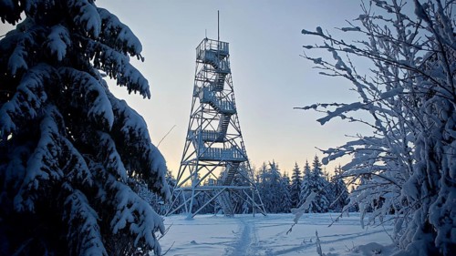 Snow-covered observation tower in the forest at dusk, surrounded by trees, Döbraberg, Frankenwald