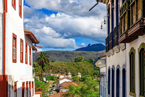 Landscape surrounding the city of Ouro Preto, seen through historic colonial-style mansions