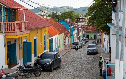 Colorful houses in Flores, Petén Department, Guatemala