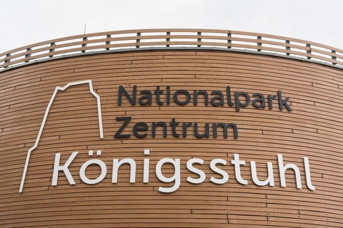 Font and logo on the façade of the Königsstuhl National Park Center, exhibition and museum, Jasmund