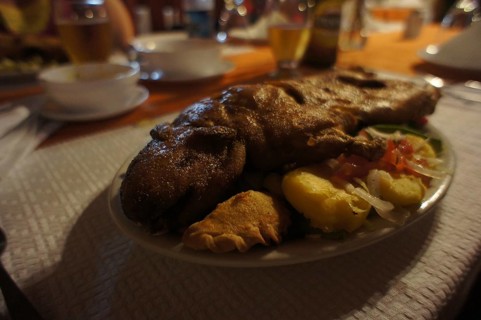 A rustic dinner with roasted guinea pig meat (caviidae), Cuy, and side dishes on a laid table,