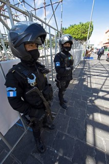 Police officers in gear in the old town zone 1, Guatemala City, Guatemala Department, Guatemala
