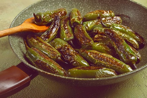 Fried padron pepper, in a frying pan, with olive oil, and sea salt, homemade, no people