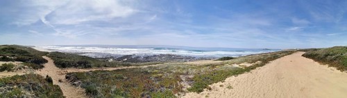 Panoramic view of a sandy beach and sea, hiking on the fishing trail, Southwest Alentejo nature