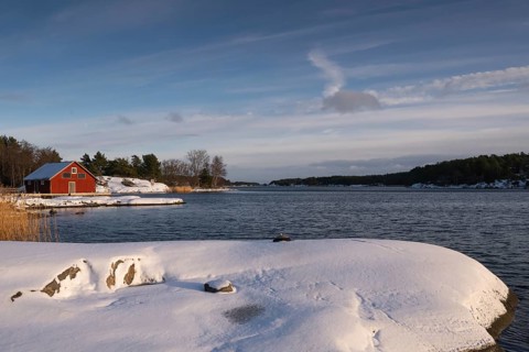 Boathouse, snowy archipelago landscape, sea, Korpoström, Korpo or Korppo, southwestern archipelago,