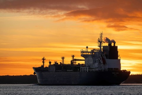 Tanker Yara Kara with home port Oslo, Norway at sunset, archipelago, southwest coast, Finland