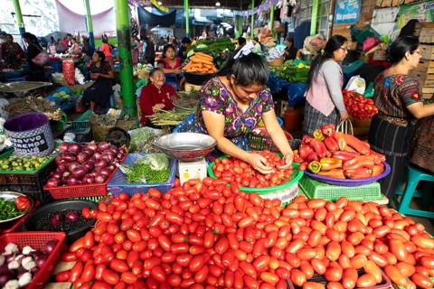 Mayan woman wearing traditional clothes at the market in Sololá, Highlands, Sololá Department,