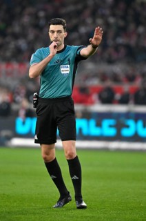 Referee Florian Badstübner gesture whistle at the mouth soccer Bundesliga, MHPArena, MHP Arena