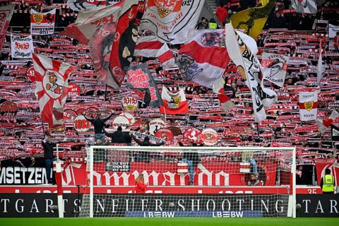 Fan block, fans, fan curve, flags, atmosphere, atmospheric Cannstatt curve VfB Stuttgart soccer