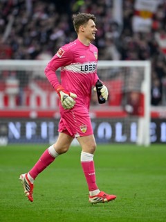 Goalkeeper Alexander Nuebel VfB Stuttgart (33) smiles Football Bundesliga, MHPArena, MHP Arena