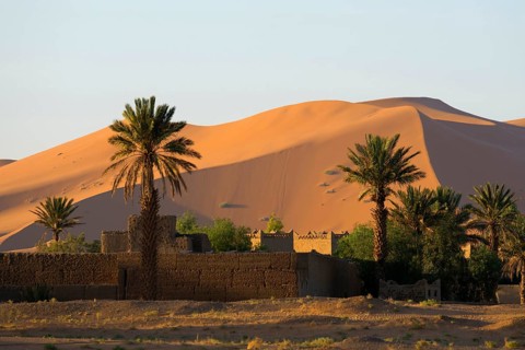 Sand dunes, sunrise, near Merzouga, Meknès-Tafilalet region, Erg Chebbi, northern Sahara, Morocco