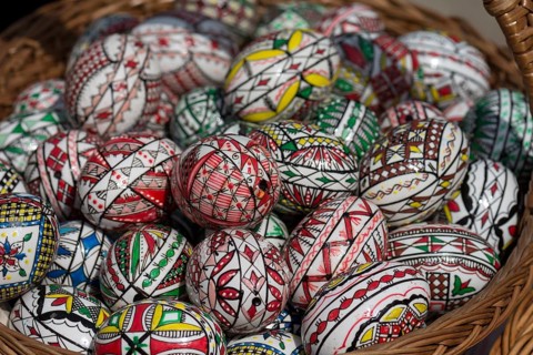 Colourfully painted eggs as a souvenir in front of Voronet Monastery, Buckovina, Romania