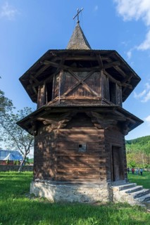 Wooden bell tower near the Church of the Exaltation of the Cross, Patrauti Moldavian monastery from