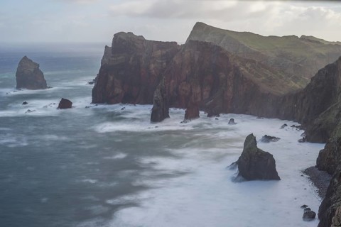Long exposure of rock formations in the Atlantic Ocean, volcanic peninsula, Ponta de São Lourenço,