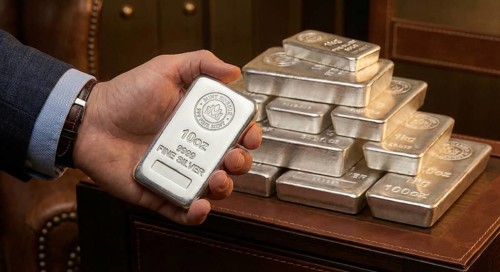 Fine silver bar, with neatly stacked silver bullion bars arranged behind it, symbolising precious