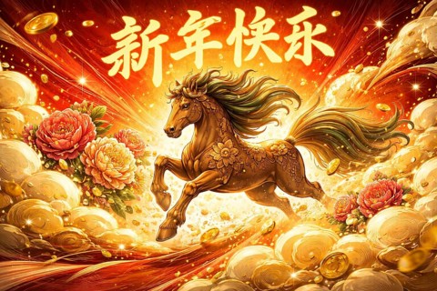 A vibrant illustration of a fiery red horse racing through a traditional Chinese landscape,