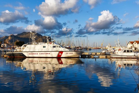 Italian Coast Guard patrol boat CP 282, sailboats, coastal landscape, marina, Marina La Cala in the