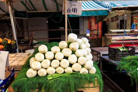 Fennel (Foeniculum vulgare), fennel bulbs, fennel greens, herb, typical market stall at weekly