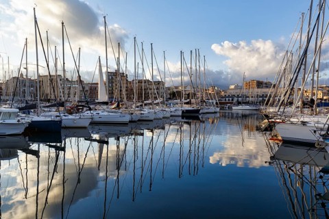 Sailing boats in marina, Marina La Cala in the evening light, Palermo, Sicily, Italy