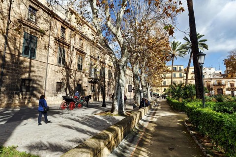 Villa Bonanno, public park, avenue with trees, plane trees and palm trees, horse-drawn carriage,