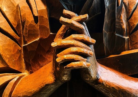 Wooden sculpture with praying hands of Saint Joseph from the Catholic church of the same name in
