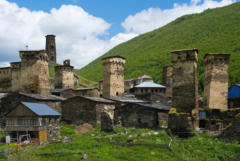 Medieval stone towers and buildings in front of a wooded mountain and cloudy sky, defensive towers,
