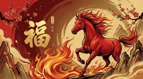 Illustration of a fiery red horse racing through a traditional Chinese landscape, symbolising