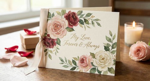 A vibrant Valentine's Day greetings card featuring wreath and elegant lettering to convey romance,