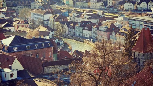 Bird's eye view of a city with a river and old buildings, Kronach, Upper Franconia