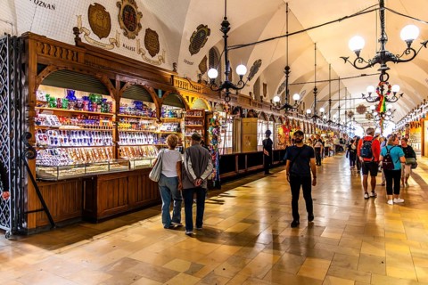 Rynek with Cloth Hall, interior shops, from 13th century, Main Market Square, landmark of the city,
