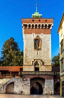 Florian's Gate with city wall and defensive towers, Krakow, Poland