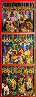 Left wing, Annunciation, Nativity, Adoration of the Magi, high altar, Veit Stoß, opened altarpiece,