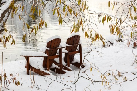 Two brown stained wooden Adirondack chairs by riverside framed by Salix - Willow tree branches