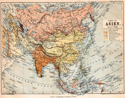 Coloured topographic map of the continent of Asia with European possessions during colonial times,