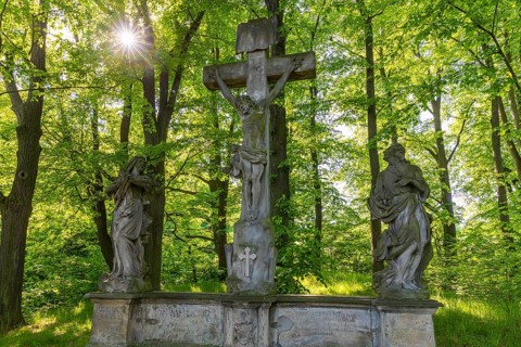 Old Way of the Cross with a group of figures of Christ on the Cross, next to Mary and John the