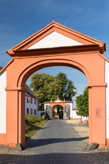 View through 2 gates at the entrance to St. Marienthal Abbey on the Neisse, Ostritz, Saxony,