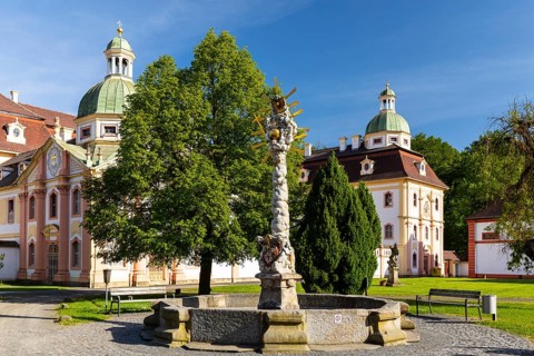 Trinity Column of the Trinity Fountain, St. Marienthal Abbey on the Neisse, Ostritz, Saxony,