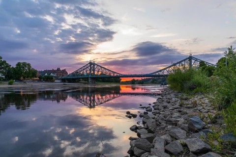 Blue Wonder bridge over the Elbe at sunset, Loschwitz, Dresden, Saxony, Germany