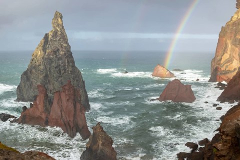 Sunset, rainbow at sea, volcanic peninsula, Ponta de São Lourenço, Ponta de Sao Lourenco, rocky