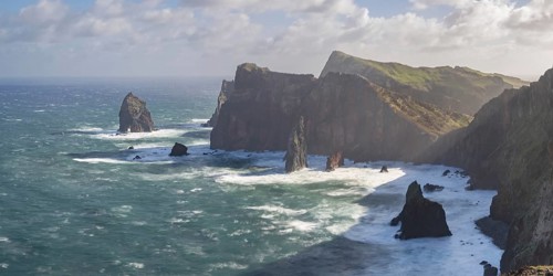 Long exposure of rock formations in the Atlantic Ocean, volcanic peninsula, Ponta de São Lourenço,