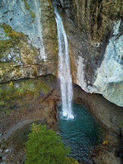 Aerial view of Berglistüber waterfall, Linthal, Klausenpass, Canton of Glarus, Switzerland