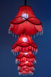 Five glowing hanging lamps, England, Great Britain
